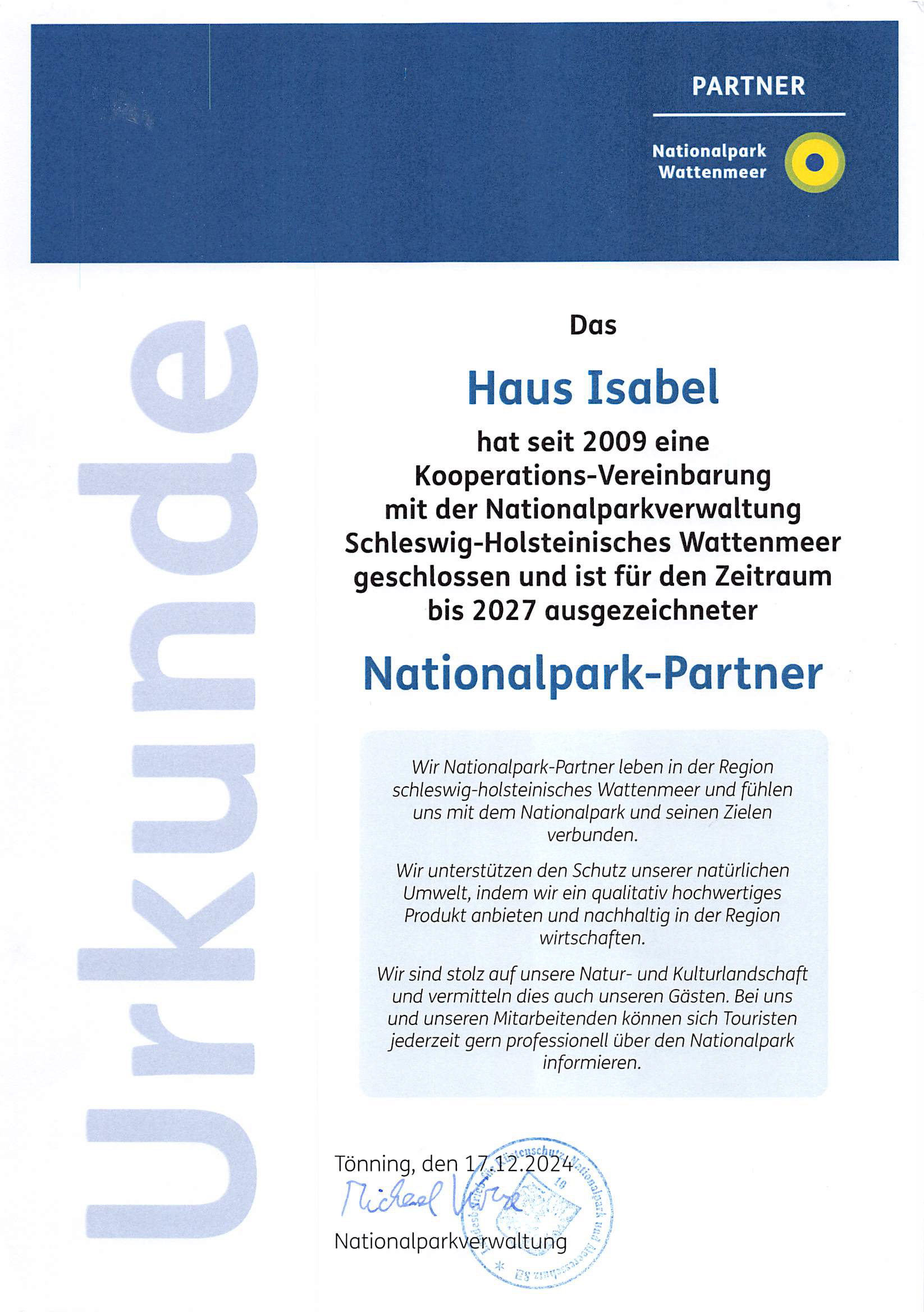 Urkunde – Haus Isabel ist Nationalpark-Partner Haus Isabel Auszeichnung für Appartement 1