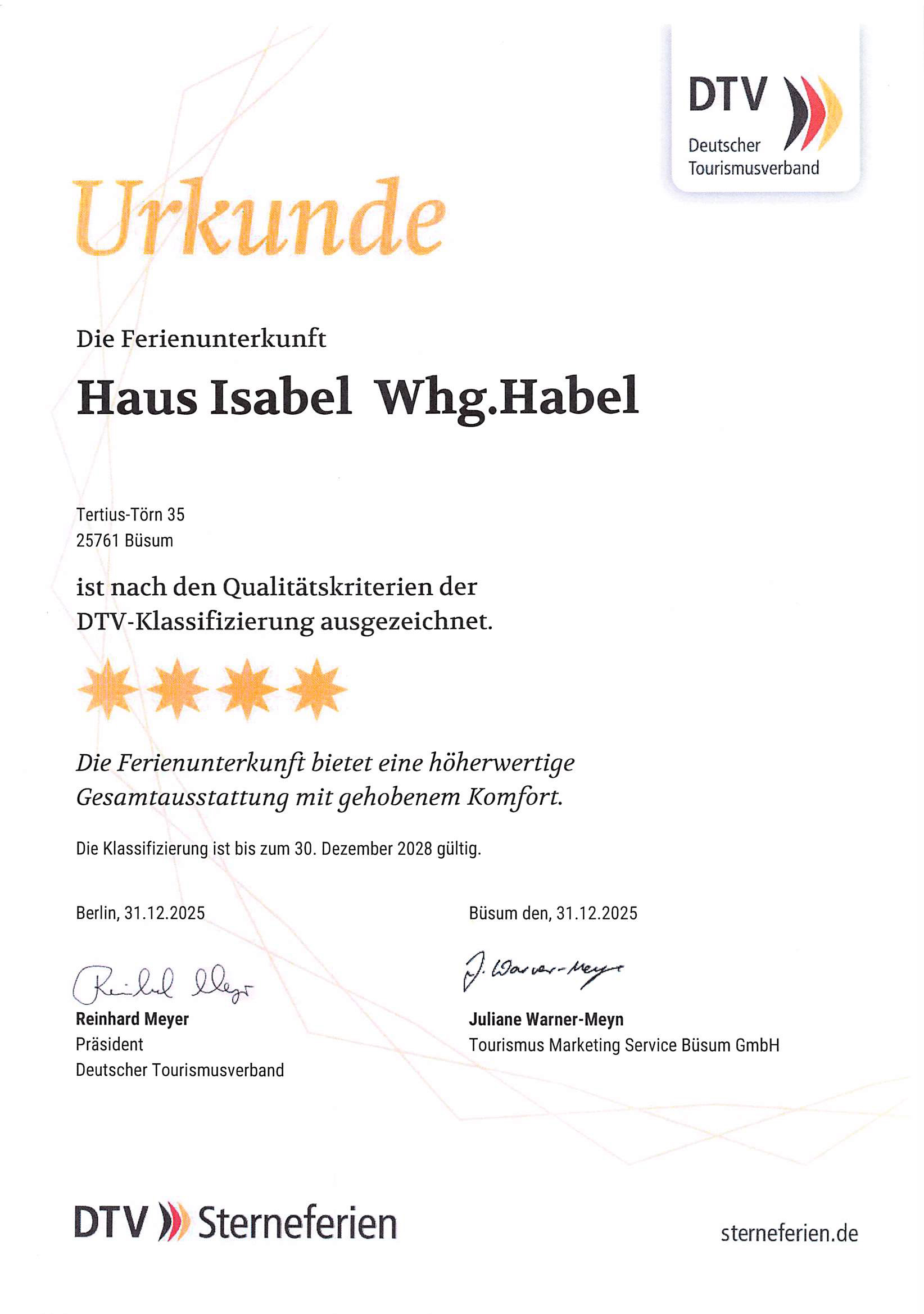 Haus Isabel – Urkunde des DTV mit 4 Sternen für Appartement 1 Haus Isabel – Urkunde des DTV mit 4 Sternen für Appartement 1