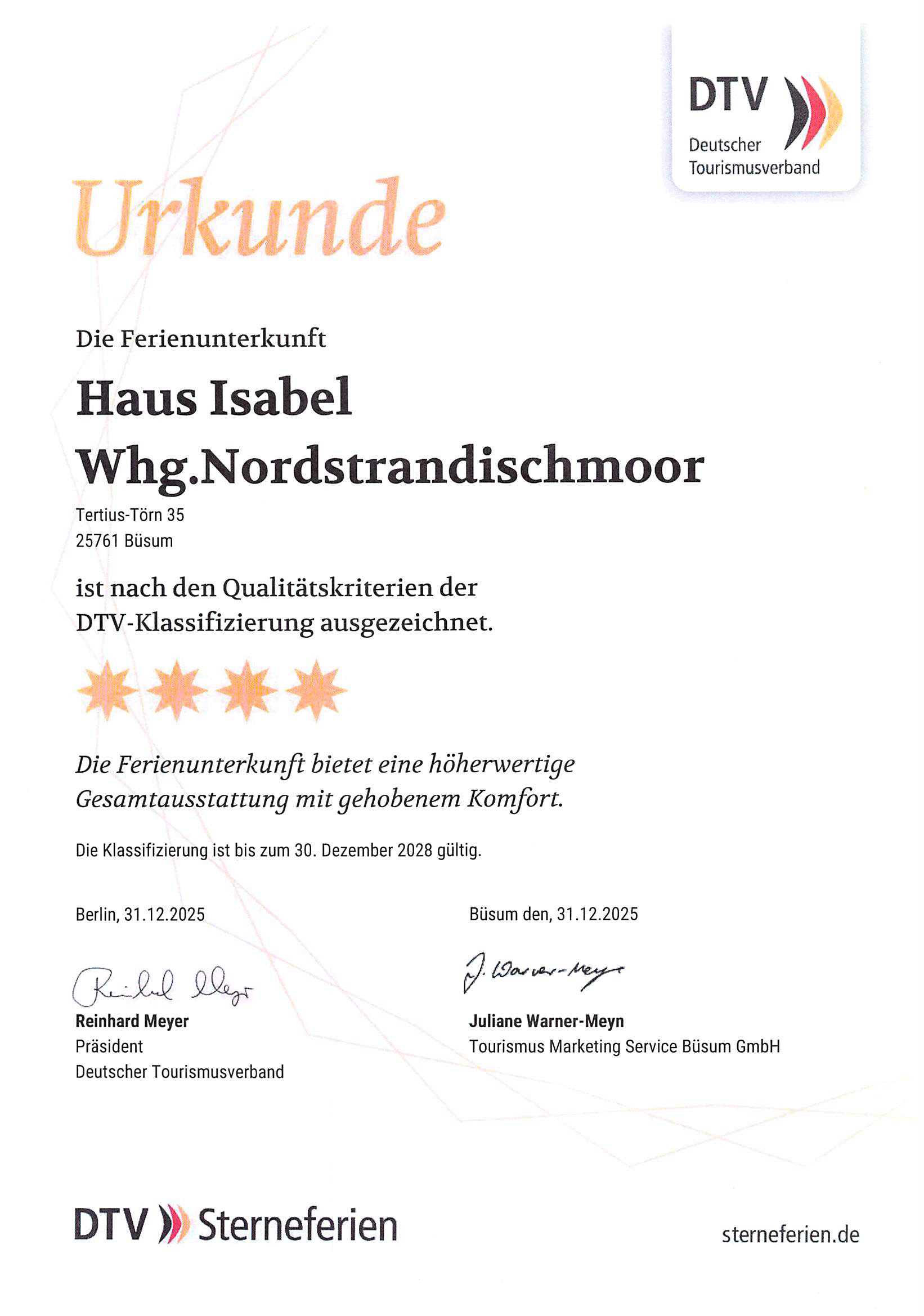 Haus Isabel – Urkunde des DTV mit 4 Sternen für Appartement 2 Haus Isabel – Urkunde des DTV mit 4 Sternen für Appartement 2
