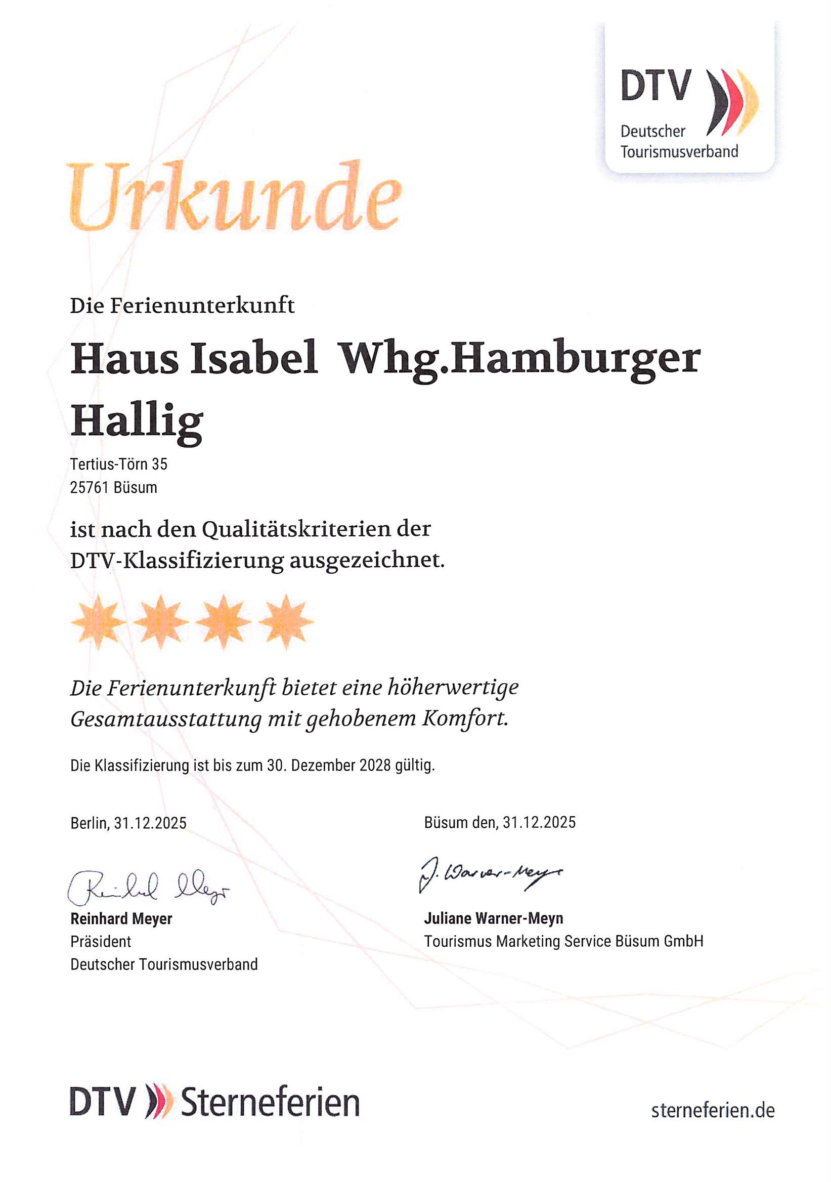 Haus Isabel – Urkunde des DTV mit 4 Sternen für Appartement 3 Haus Isabel – Urkunde des DTV mit 4 Sternen für Appartement 3