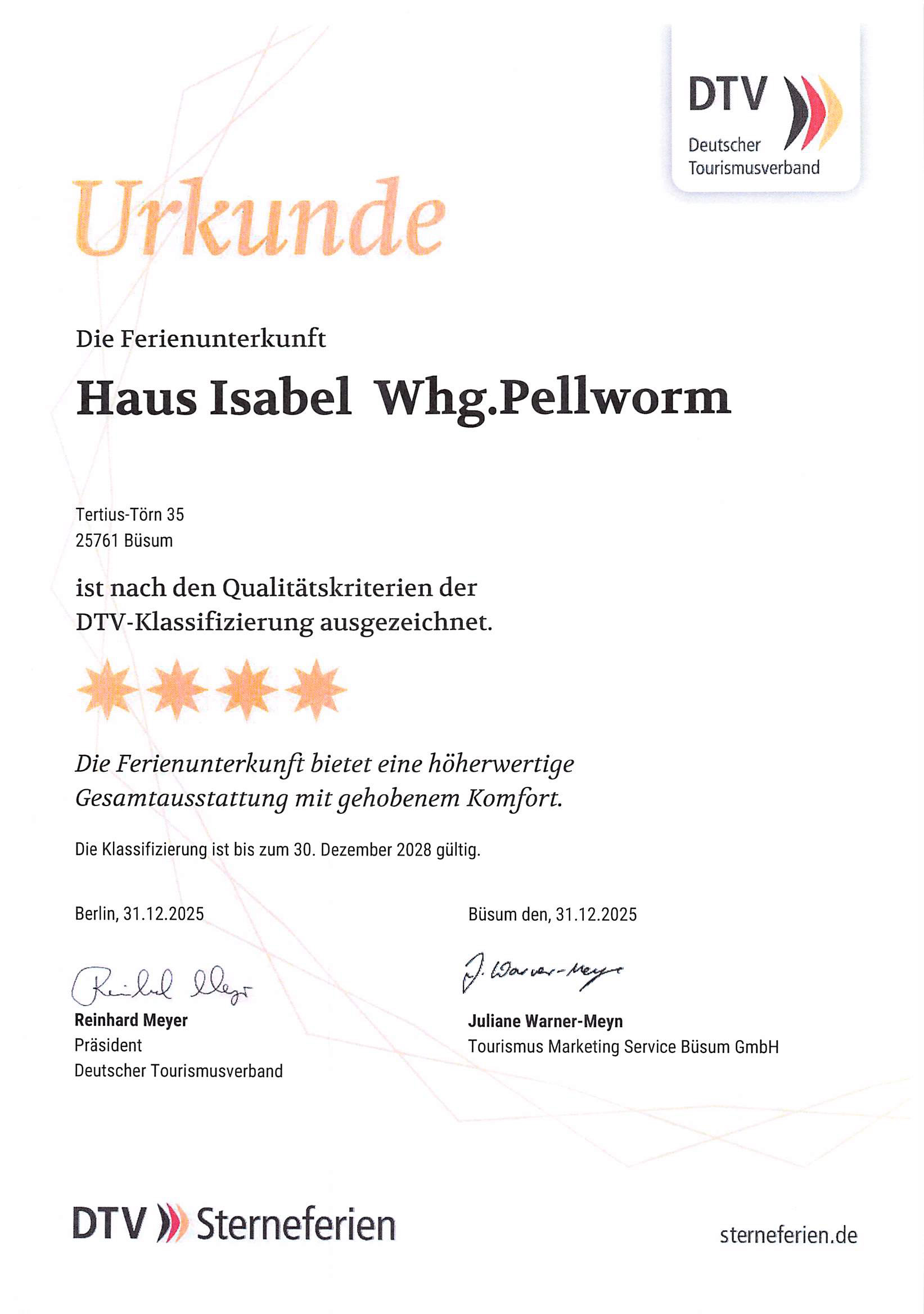 Haus Isabel – Urkunde des DTV mit 4 Sternen für Appartement 4 Haus Isabel – Urkunde des DTV mit 4 Sternen für Appartement 4