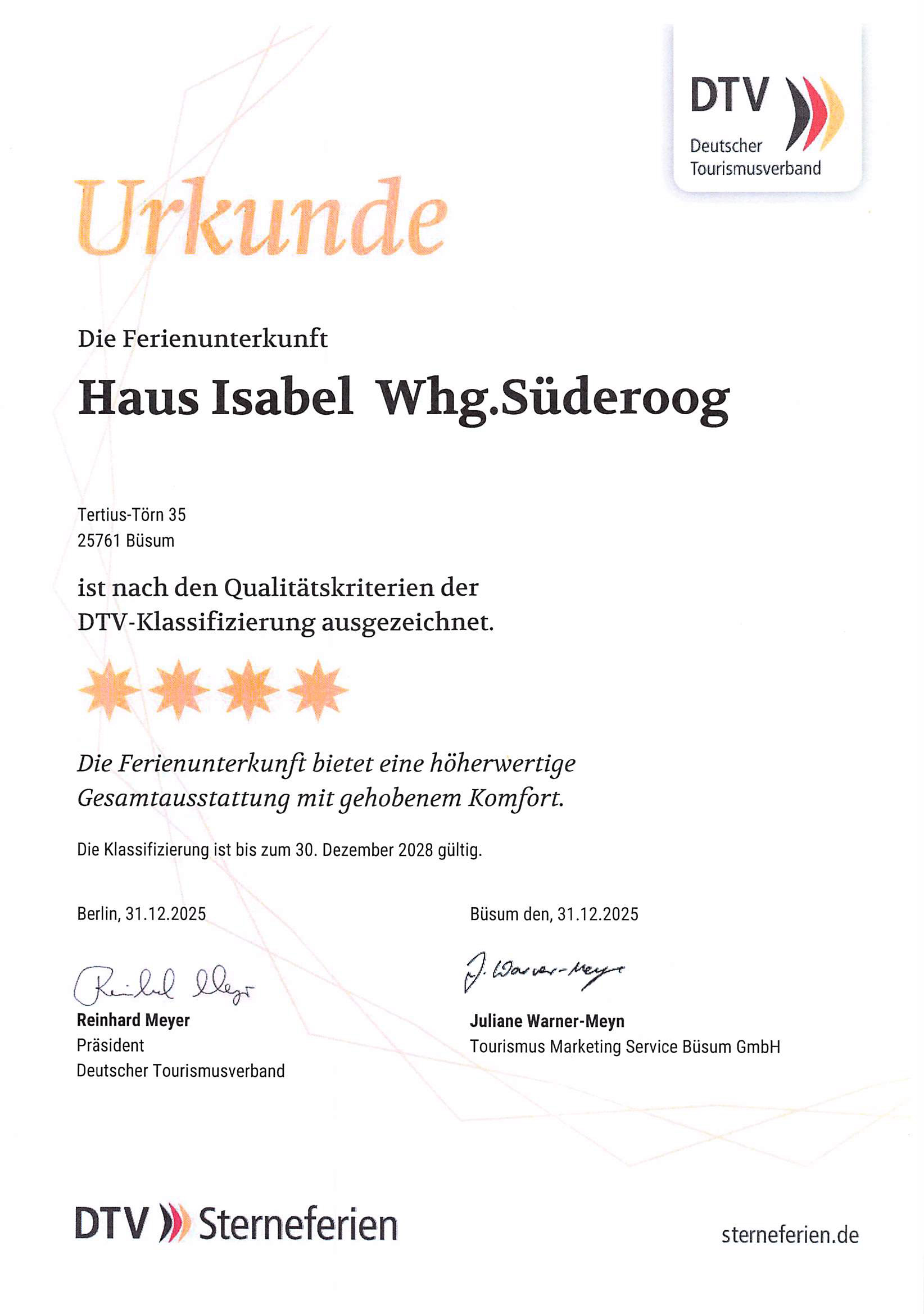 Haus Isabel – Urkunde des DTV mit 4 Sternen für Appartement 5 Haus Isabel – Urkunde des DTV mit 4 Sternen für Appartement 5