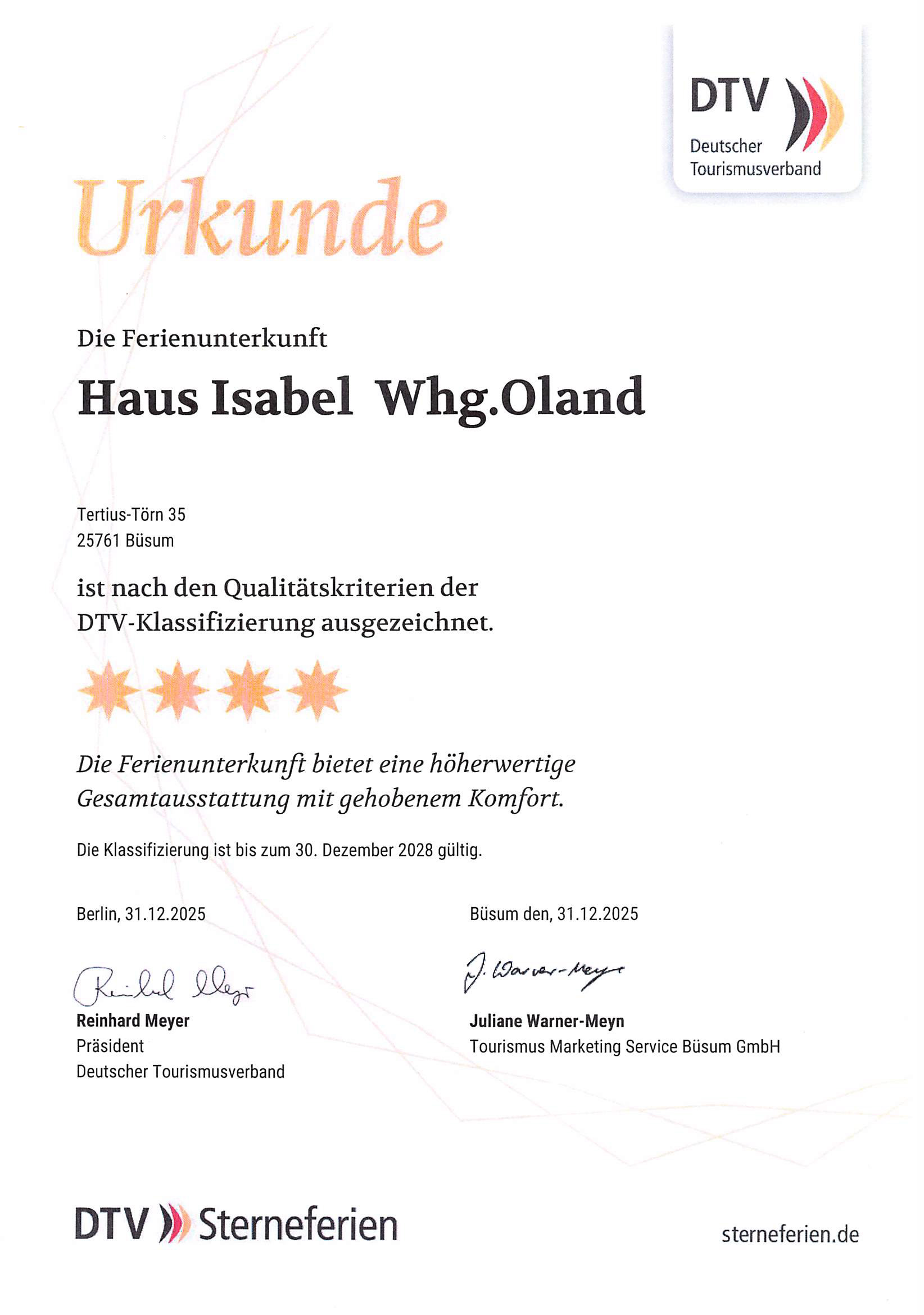 Haus Isabel – Urkunde des DTV mit 4 Sternen für Appartement 7 Haus Isabel – Urkunde des DTV mit 4 Sternen für Appartement 7