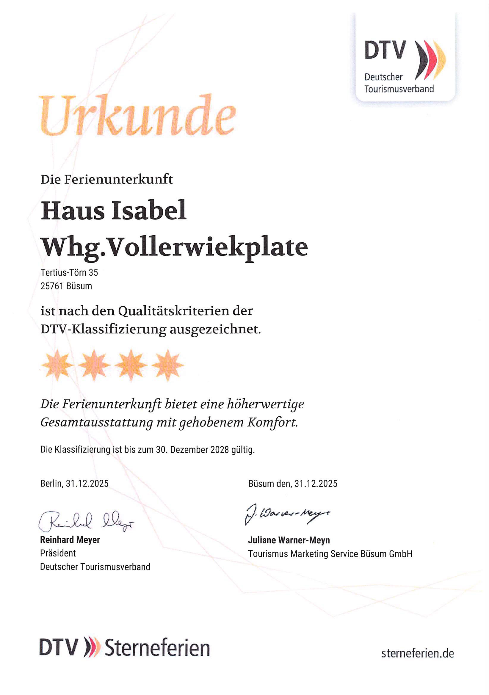 Haus Isabel – Urkunde des DTV mit 4 Sternen für Appartement 8 Haus Isabel – Urkunde des DTV mit 4 Sternen für Appartement 8