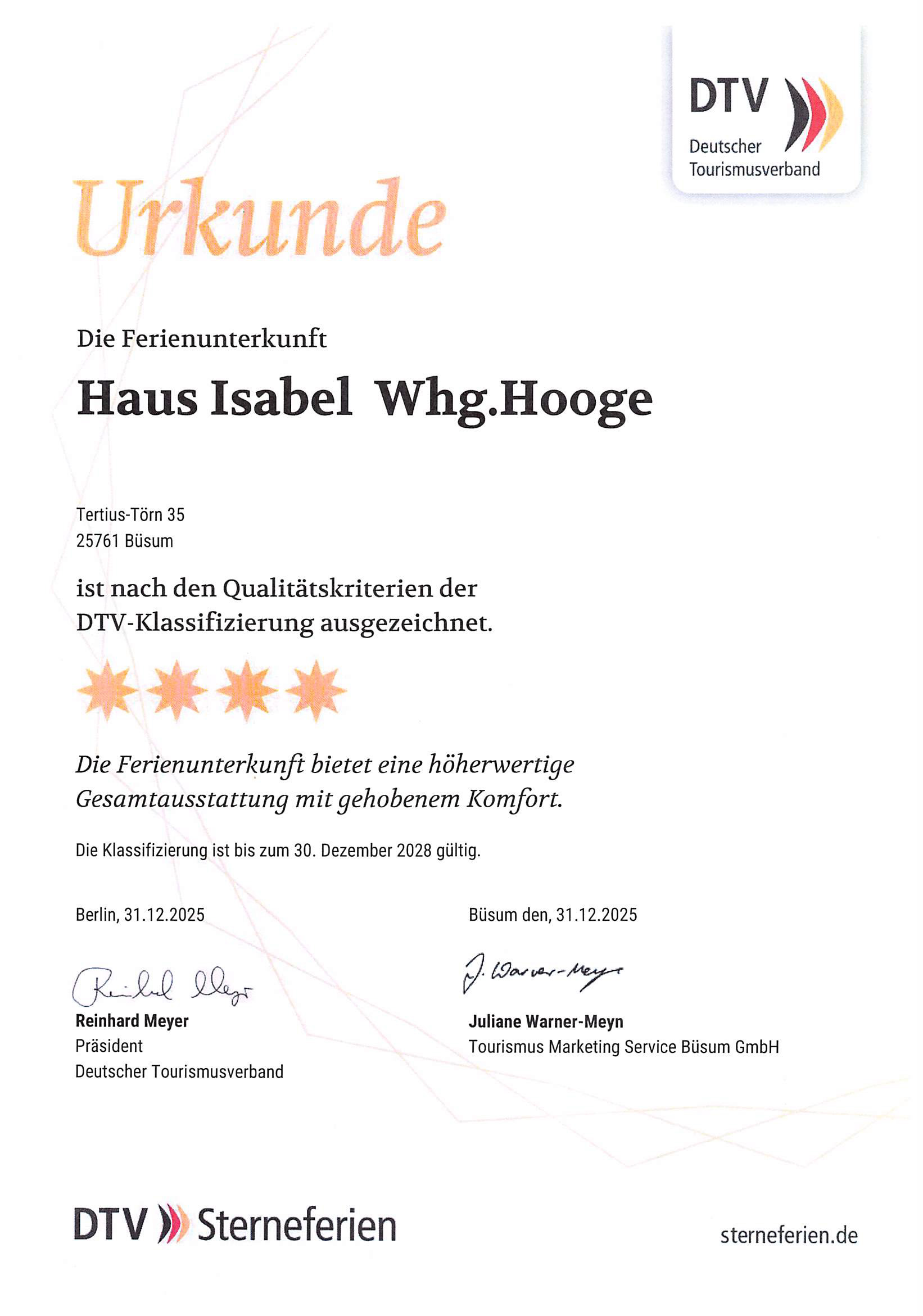Haus Isabel – Urkunde des DTV mit 4 Sternen für Appartement 9 Haus Isabel – Urkunde des DTV mit 4 Sternen für Appartement 9