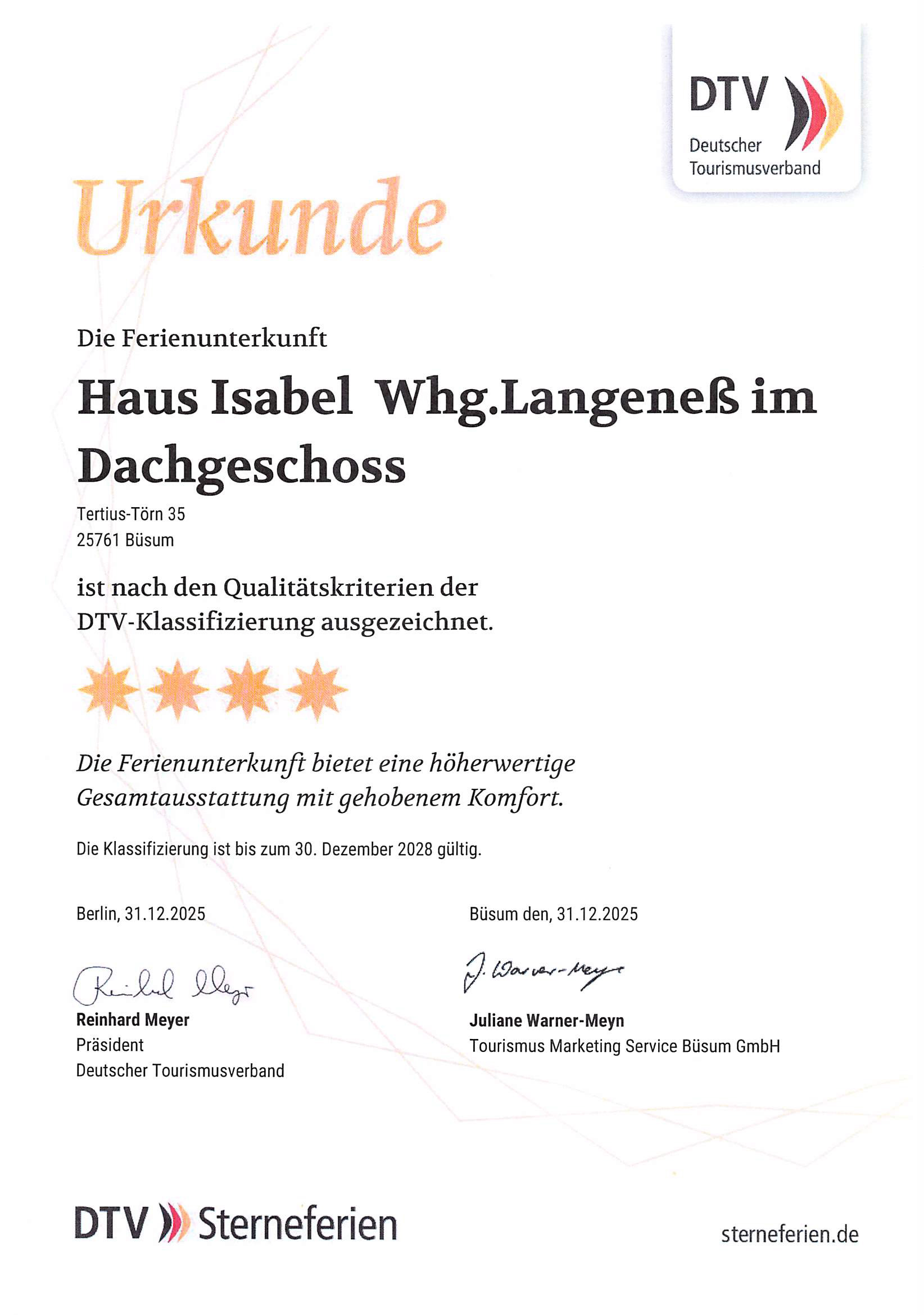 Haus Isabel – Urkunde des DTV mit 4 Sternen für Appartement 10 Haus Isabel – Urkunde des DTV mit 4 Sternen für Appartement 10